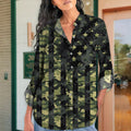 Camouflage Green Us Flag Vintage Blouse | Casual Loose Shirt | Long Sleeve Plus Size Casual Shirt